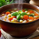 A vibrant and colorful vegetable minestrone soup in a rustic bowl, steam rising, surrounded by fresh vegetables like tomatoes, carrots, and celery. Focus on the textures and colors of the ingredients. "Vegetable Minestrone soup, rustic bowl, fresh vegetables, steam, vibrant colors, healthy eating, Japanese Flexitarian"