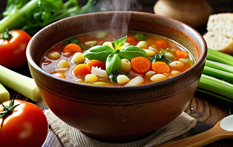 A vibrant and colorful vegetable minestrone soup in a rustic bowl, steam rising, surrounded by fresh vegetables like tomatoes, carrots, and celery. Focus on the textures and colors of the ingredients. "Vegetable Minestrone soup, rustic bowl, fresh vegetables, steam, vibrant colors, healthy eating, Japanese Flexitarian"