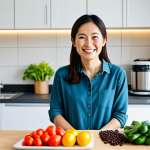 A radiant Japanese woman in her mid-30s, fully clothed in modest, comfortable casual attire, stands in a brightly lit, modern kitchen. She smiles gently, looking at a counter overflowing with a vibrant array of fresh, colorful vegetables, legumes, and various grains, symbolizing the joy of discovering diverse plant-based foods. The setting conveys a sense of health, abundance, and conscious culinary exploration. Perfect anatomy, correct proportions, natural pose, well-formed hands, proper finger count, natural body proportions, professional photography, high quality, safe for work, appropriate content, fully clothed, family-friendly.