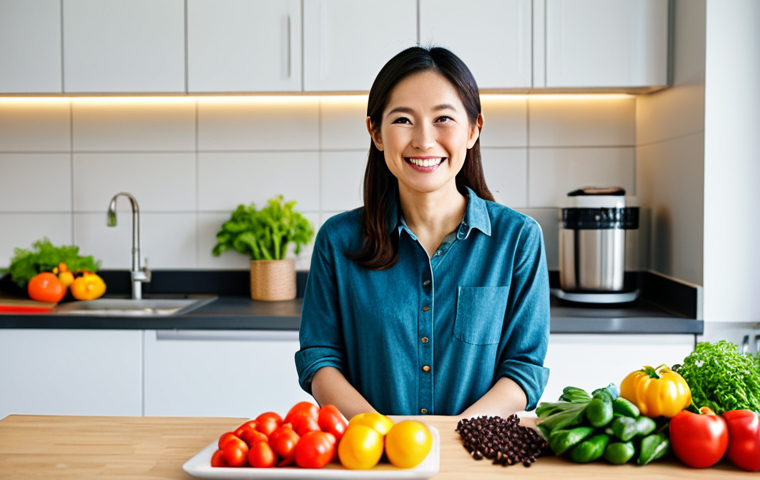 A radiant Japanese woman in her mid-30s, fully clothed in modest, comfortable casual attire, stands in a brightly lit, modern kitchen. She smiles gently, looking at a counter overflowing with a vibrant array of fresh, colorful vegetables, legumes, and various grains, symbolizing the joy of discovering diverse plant-based foods. The setting conveys a sense of health, abundance, and conscious culinary exploration. Perfect anatomy, correct proportions, natural pose, well-formed hands, proper finger count, natural body proportions, professional photography, high quality, safe for work, appropriate content, fully clothed, family-friendly.