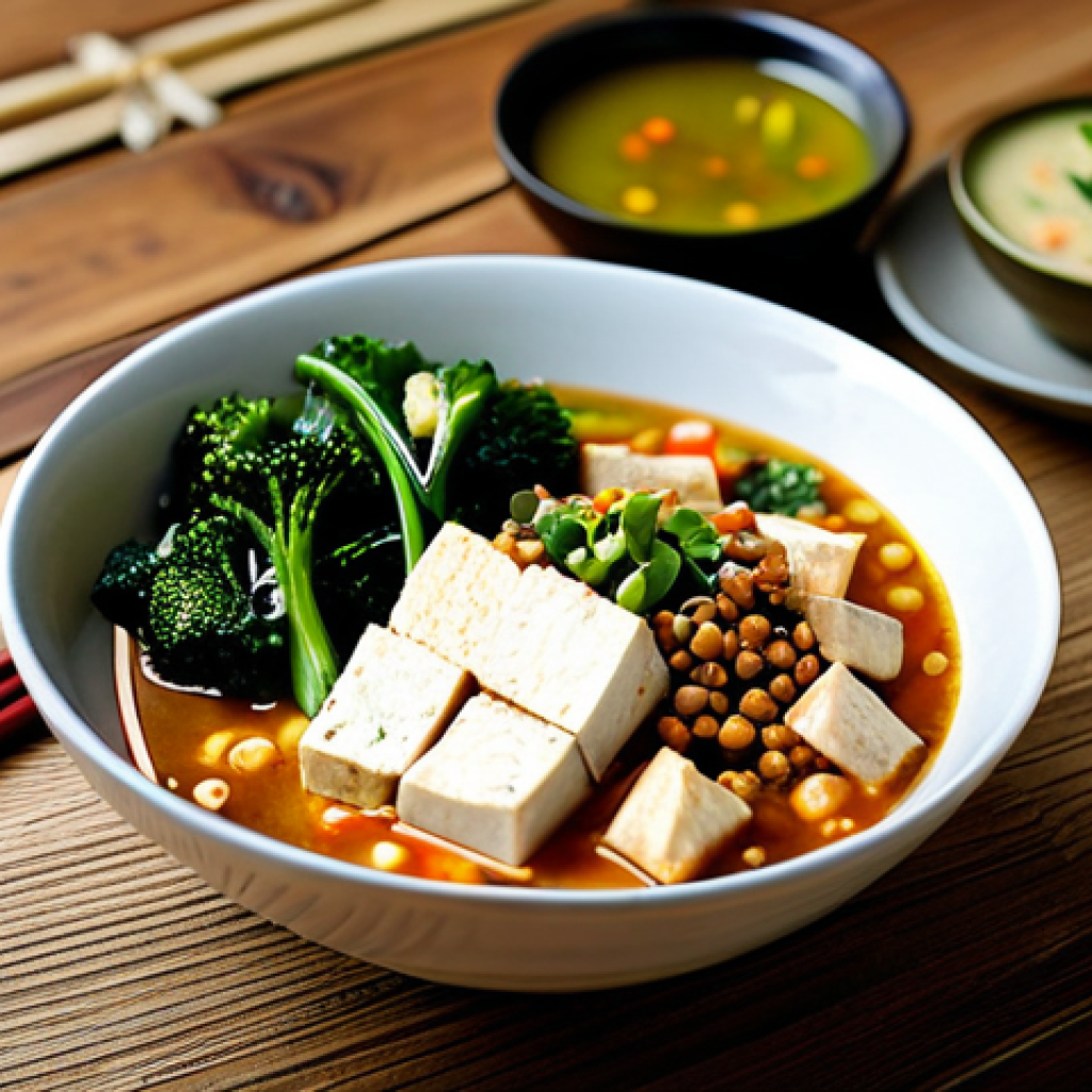 Healthy Flexitarian Meal**

"A colorful and nutritious flexitarian meal on a wooden table, featuring tofu, various vegetables, and lentils. The dish is presented in a bright and inviting style. The scene includes elements like chopsticks, a small bowl of miso soup, and a glass of water. Focus on creating an image that emphasizes healthy eating and balanced nutrition. fully clothed, appropriate content, safe for work, professional food photography, perfect composition, natural lighting, high-quality."

**