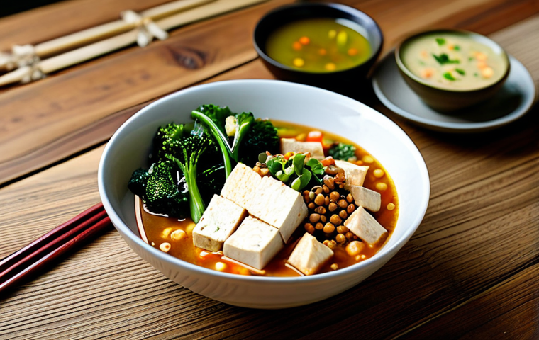 Healthy Flexitarian Meal**

"A colorful and nutritious flexitarian meal on a wooden table, featuring tofu, various vegetables, and lentils. The dish is presented in a bright and inviting style. The scene includes elements like chopsticks, a small bowl of miso soup, and a glass of water. Focus on creating an image that emphasizes healthy eating and balanced nutrition. fully clothed, appropriate content, safe for work, professional food photography, perfect composition, natural lighting, high-quality."

**