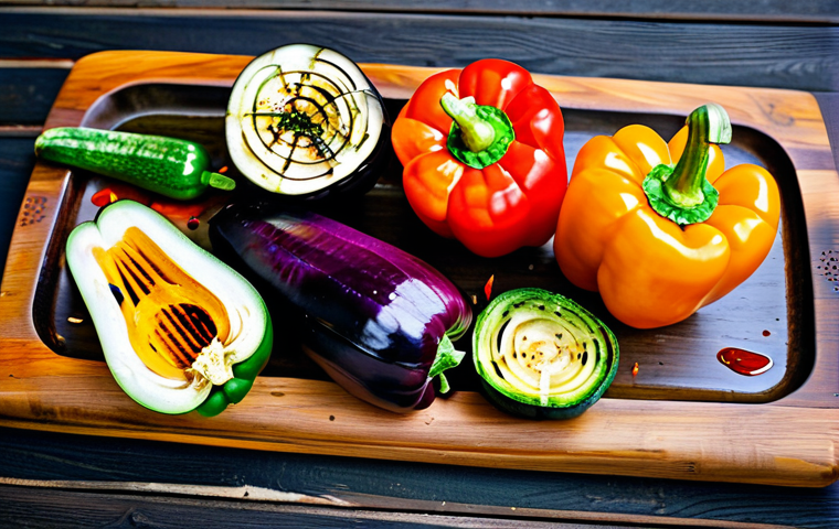플렉시테리언 식단의 채식 영양소 목록 - **Vibrant Vegetable Feast:** A colorful array of grilled vegetables (bell peppers, eggplant, zucchin...