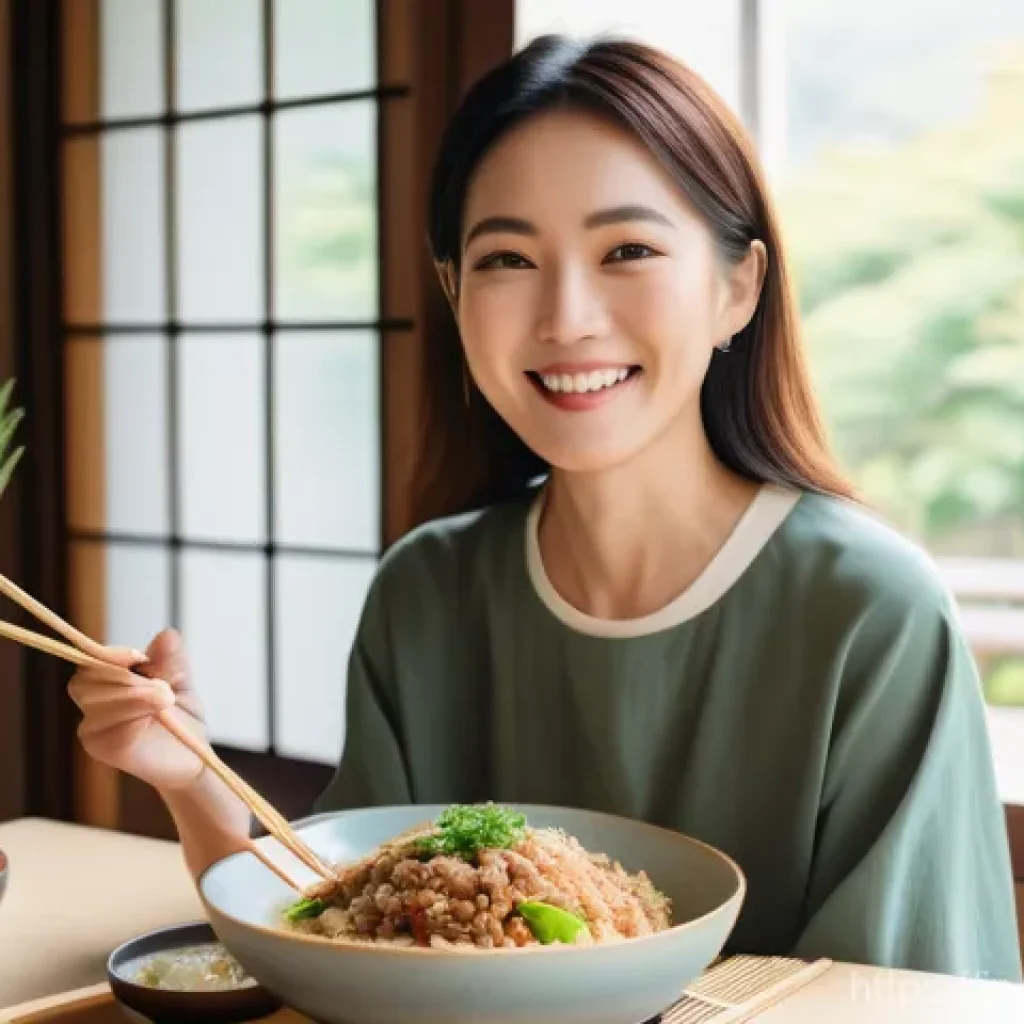 플렉시테리언 식단의 환경적 의미 - **A joyful Japanese woman embracing a flexitarian lifestyle.**
    A vibrant, sunlit image of a chee...