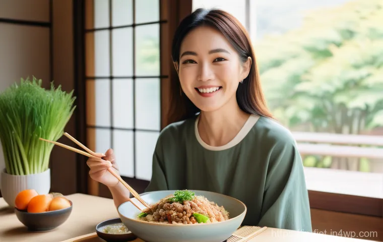 플렉시테리언 식단의 환경적 의미 - **A joyful Japanese woman embracing a flexitarian lifestyle.**
    A vibrant, sunlit image of a chee...