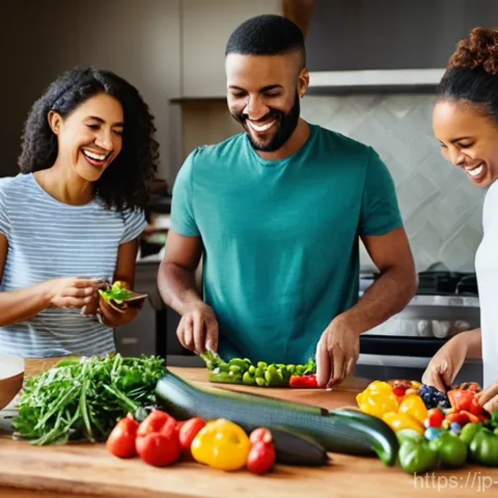 플렉시테리언 식단의 일상적인 요리 팁 - **Prompt:** "A cheerful, diverse group of friends, aged 25-35, are gathered around a rustic wooden t...