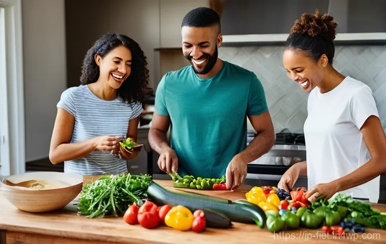 플렉시테리언 식단의 일상적인 요리 팁 - **Prompt:** "A cheerful, diverse group of friends, aged 25-35, are gathered around a rustic wooden t...
