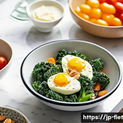 플렉시테리언 식단을 위한 간편한 아침식사 아이디어 - A bright and modern Japanese kitchen scene showing a busy morning breakfast preparation with a micro...