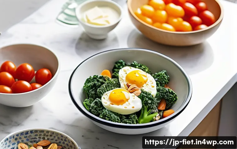 플렉시테리언 식단을 위한 간편한 아침식사 아이디어 - A bright and modern Japanese kitchen scene showing a busy morning breakfast preparation with a micro...