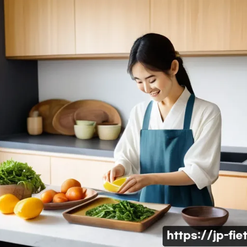 플렉시테리언 식단에서의 스트레스 관리 - A cozy, modern Japanese kitchen scene featuring a young Japanese woman preparing a colorful flexitar...
