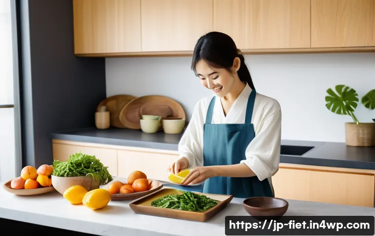 플렉시테리언 식단에서의 스트레스 관리 - A cozy, modern Japanese kitchen scene featuring a young Japanese woman preparing a colorful flexitar...