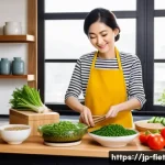 플렉시테리언 식단과 심장 건강 - A vibrant and colorful Japanese home kitchen scene featuring a middle-aged Japanese woman preparing ...