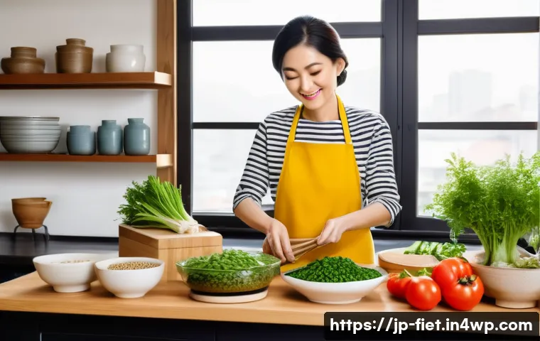 플렉시테리언 식단과 심장 건강 - A vibrant and colorful Japanese home kitchen scene featuring a middle-aged Japanese woman preparing ...