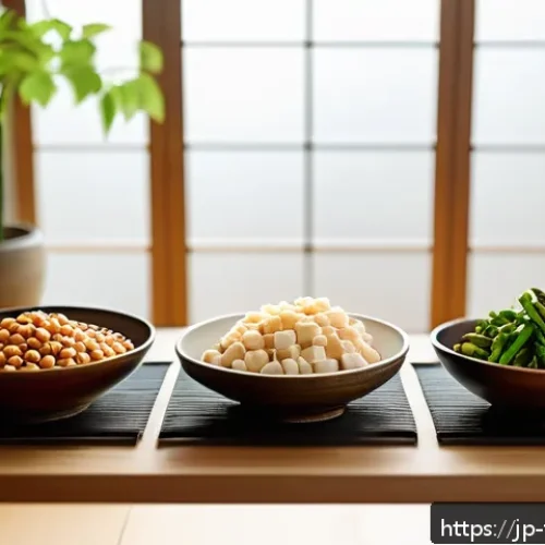 플렉시테리언 식단에서 섭취할 수 있는 식품 - A vibrant Japanese-style kitchen scene showcasing a variety of plant-based protein sources on a wood...