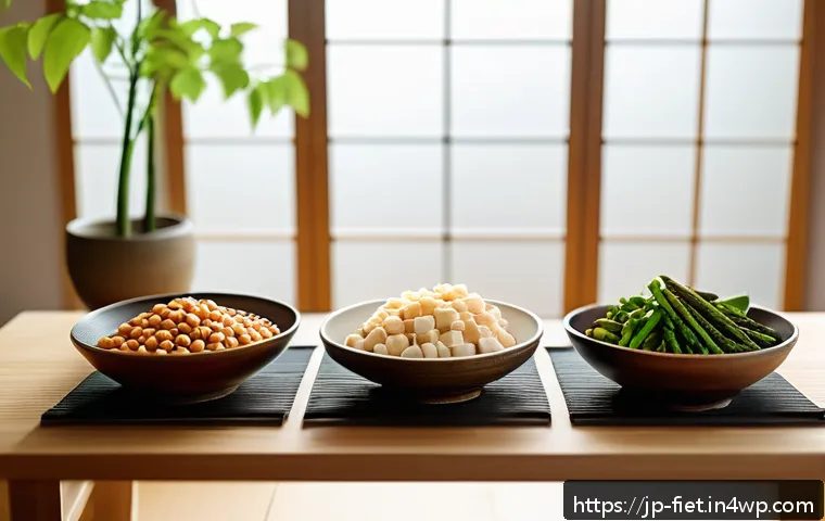 플렉시테리언 식단에서 섭취할 수 있는 식품 - A vibrant Japanese-style kitchen scene showcasing a variety of plant-based protein sources on a wood...