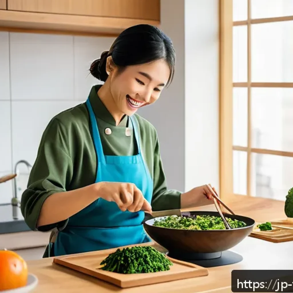 플렉시테리언 식단의 영양 변화를 위한 팁 - A vibrant, modern Japanese kitchen scene featuring a young Japanese woman preparing a variety of pla...