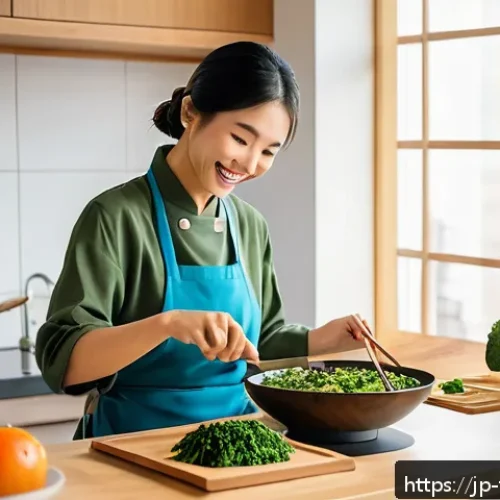 플렉시테리언 식단의 영양 변화를 위한 팁 - A vibrant, modern Japanese kitchen scene featuring a young Japanese woman preparing a variety of pla...
