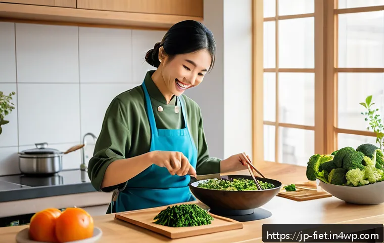 플렉시테리언 식단의 영양 변화를 위한 팁 - A vibrant, modern Japanese kitchen scene featuring a young Japanese woman preparing a variety of pla...