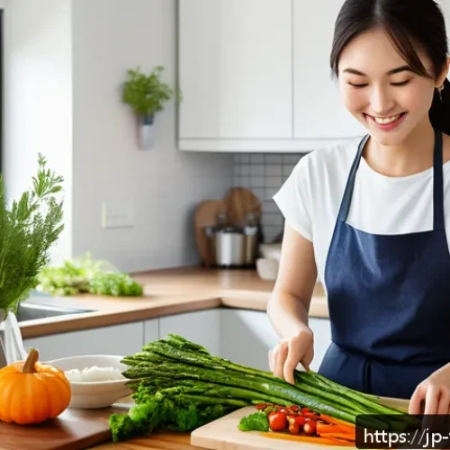 플렉시테리언 식단의 기본 원칙 - A cozy modern Japanese kitchen scene featuring a young adult woman preparing a flexible flexitarian ...