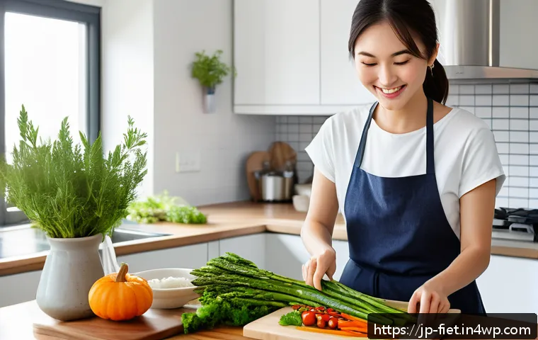 플렉시테리언 식단의 기본 원칙 - A cozy modern Japanese kitchen scene featuring a young adult woman preparing a flexible flexitarian ...