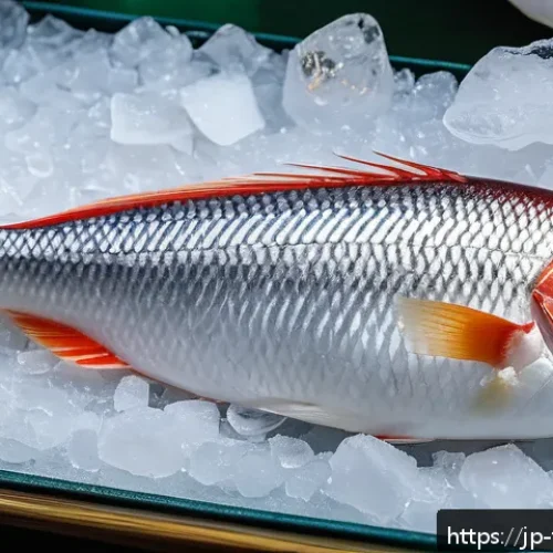 플렉시테리언 식단에서의 신선한 해산물 선택 - A close-up, highly detailed image of a fresh white fish fillet displayed on crushed ice at a Japanes...