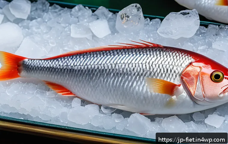 플렉시테리언 식단에서의 신선한 해산물 선택 - A close-up, highly detailed image of a fresh white fish fillet displayed on crushed ice at a Japanes...