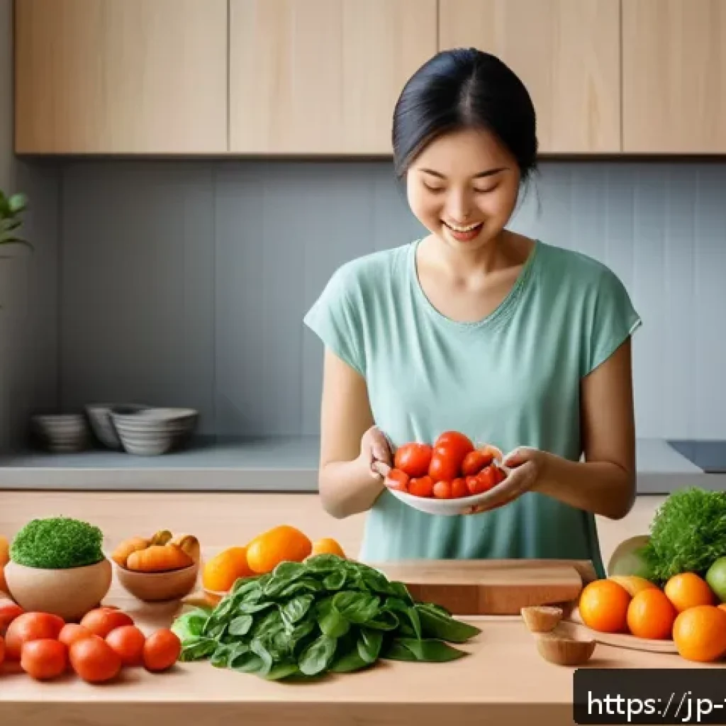 플렉시테리언 식단과 면역 체계 강화 - A vibrant and colorful kitchen scene featuring a modern Japanese woman preparing a balanced meal wit...