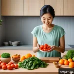 플렉시테리언 식단과 면역 체계 강화 - A vibrant and colorful kitchen scene featuring a modern Japanese woman preparing a balanced meal wit...