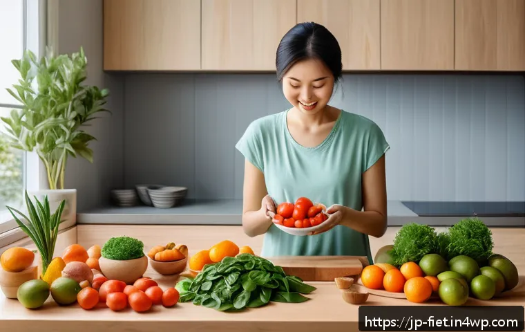 플렉시테리언 식단과 면역 체계 강화 - A vibrant and colorful kitchen scene featuring a modern Japanese woman preparing a balanced meal wit...