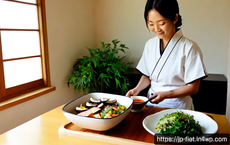 플렉시테리언 식단과 장 건강 - Photorealistic bright home kitchen scene in Japan, a healthy middle-aged Japanese woman preparing a ...