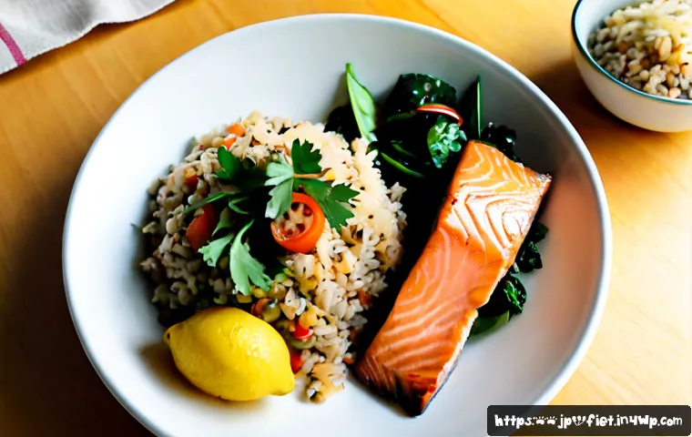 플렉시테리언 식단으로 만드는 저칼로리 요리 - Photorealistic overhead view of a low-calorie flexitarian dinner on a clean Japanese home kitchen ta...