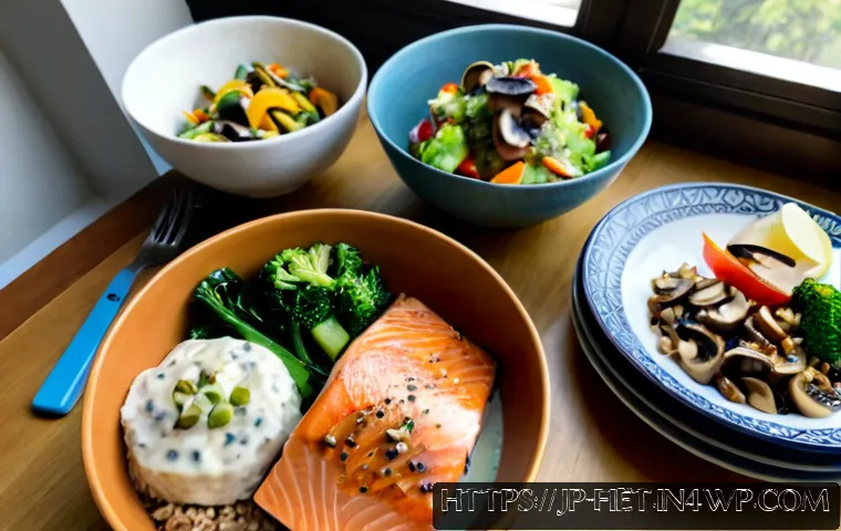 플렉시테리언 식단과 면역력 강화 - Photorealistic overhead view of a flexitarian immune-support meal on a light wood dining table: gril...