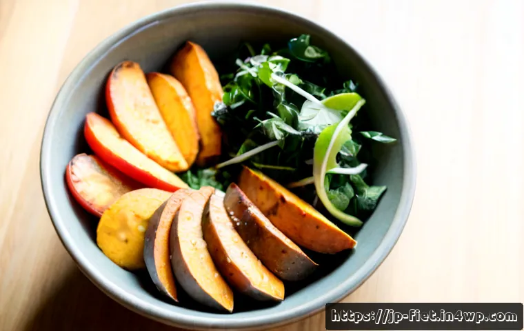 플렉시테리언 식단을 위한 스위트 포테이토 요리법 - Photorealistic overhead view of a wholesome flexitarian sweet potato bowl, roasted sweet potato wedg...